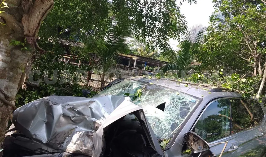 Pierde el control del volante y sale del camino