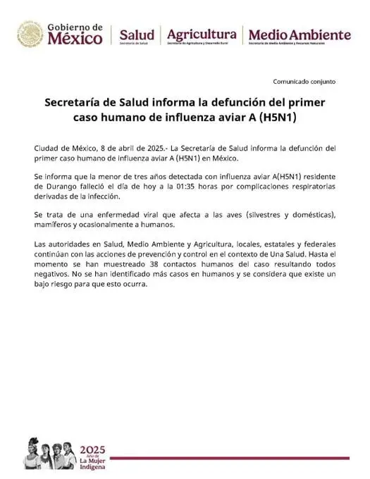 Muere niña de 3 años por influenza aviar AH5N1 en Durango