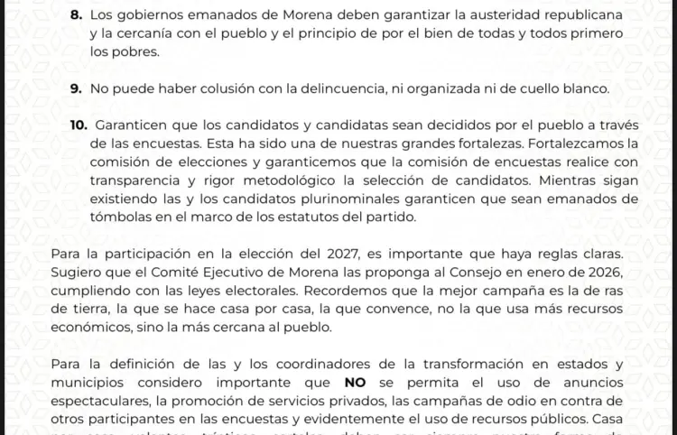 Carta que envió nuestra presidenta Claudia Sheinbaum Pardo, a la dirigencia y militantes de Morena