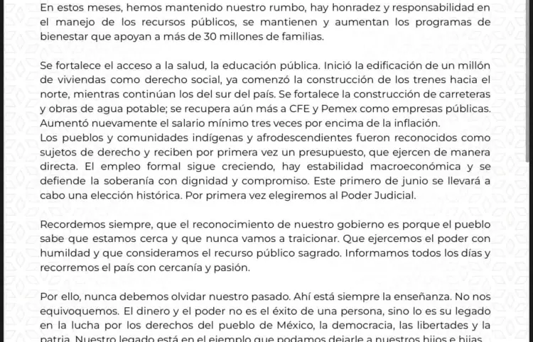 Carta que envió nuestra presidenta Claudia Sheinbaum Pardo, a la dirigencia y militantes de Morena