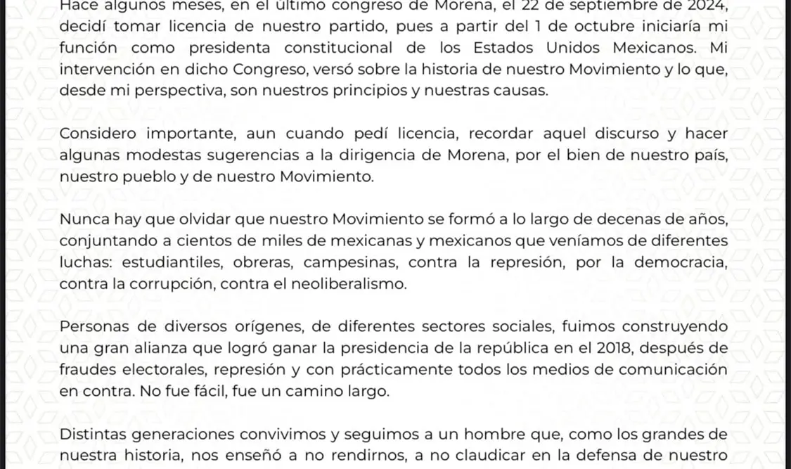 Carta que envió nuestra presidenta Claudia Sheinbaum Pardo, a la dirigencia y militantes de Morena