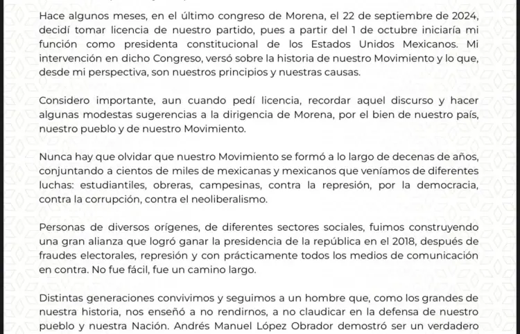 Carta que envió nuestra presidenta Claudia Sheinbaum Pardo, a la dirigencia y militantes de Morena