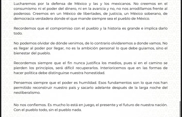 Carta que envió nuestra presidenta Claudia Sheinbaum Pardo, a la dirigencia y militantes de Morena