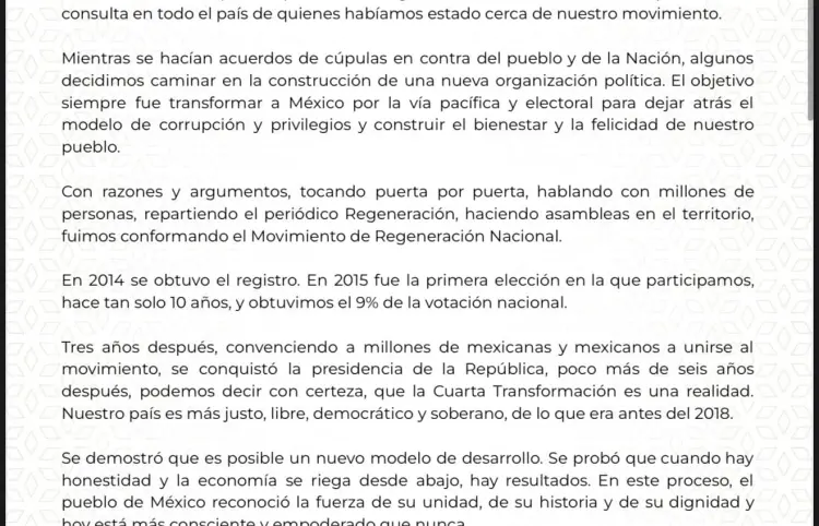 Carta que envió nuestra presidenta Claudia Sheinbaum Pardo, a la dirigencia y militantes de Morena