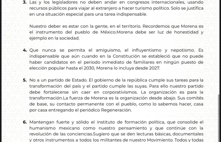 Carta que envió nuestra presidenta Claudia Sheinbaum Pardo, a la dirigencia y militantes de Morena