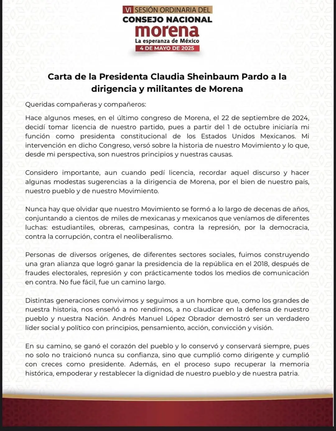Carta que envió nuestra presidenta Claudia Sheinbaum Pardo, a la dirigencia y militantes de Morena.