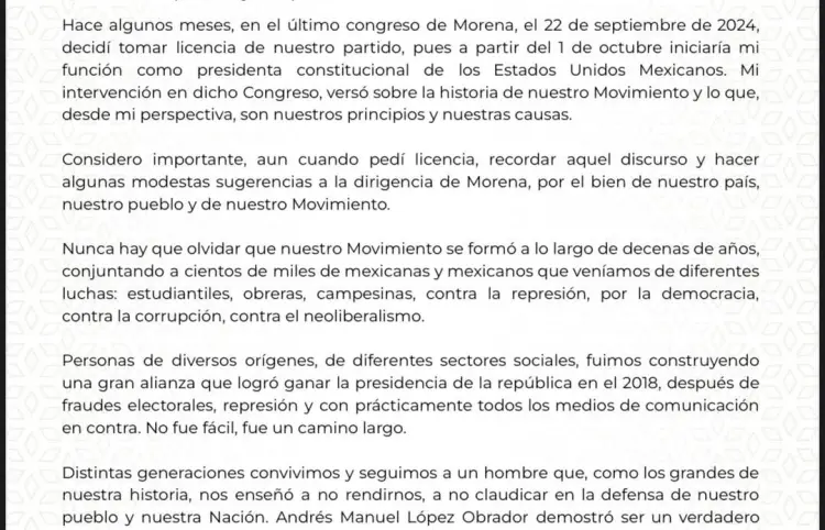 Carta que envió nuestra presidenta Claudia Sheinbaum Pardo, a la dirigencia y militantes de Morena.