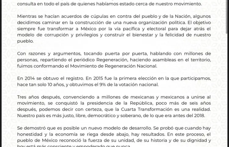 Carta que envió nuestra presidenta Claudia Sheinbaum Pardo, a la dirigencia y militantes de Morena.
