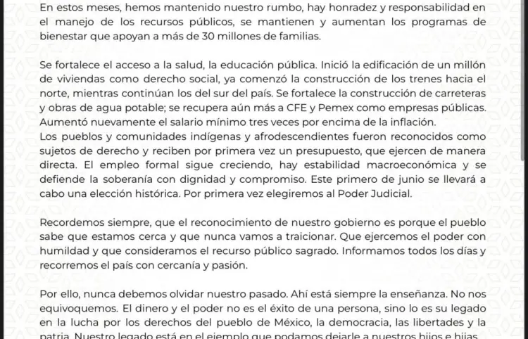 Carta que envió nuestra presidenta Claudia Sheinbaum Pardo, a la dirigencia y militantes de Morena.
