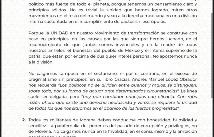 Carta que envió nuestra presidenta Claudia Sheinbaum Pardo, a la dirigencia y militantes de Morena.