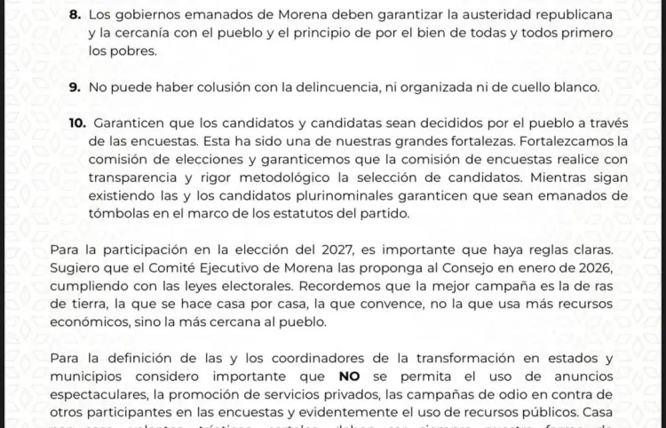 Carta que envió nuestra presidenta Claudia Sheinbaum Pardo, a la dirigencia y militantes de Morena.