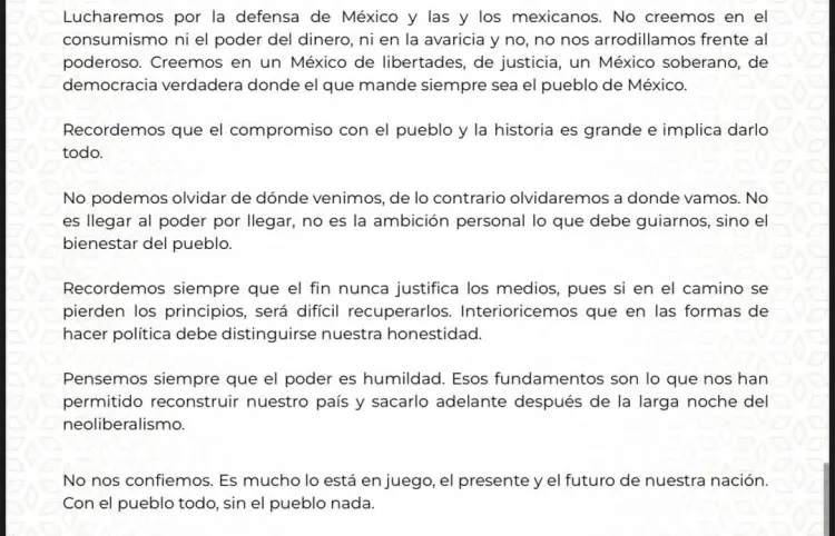 Carta que envió nuestra presidenta Claudia Sheinbaum Pardo, a la dirigencia y militantes de Morena.