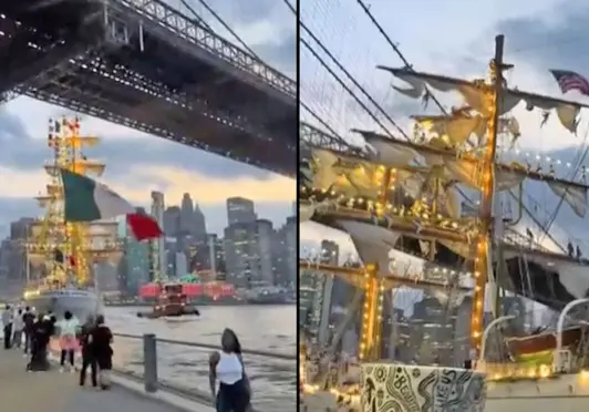 Buque Cuauhtémoc choca contra puente de Brooklyn