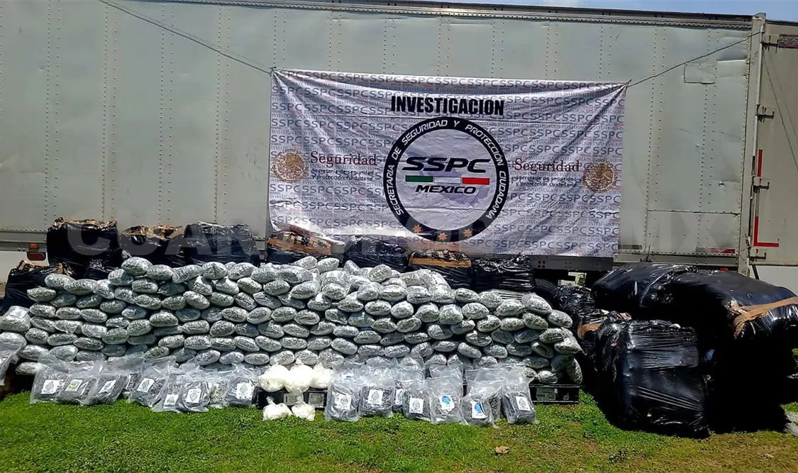 En la caja seca de la unidad de carga localizaron 54 bolsas con 20 paquetes y una bolsa con 10 paquetes de marihuana, además de cristal. CP