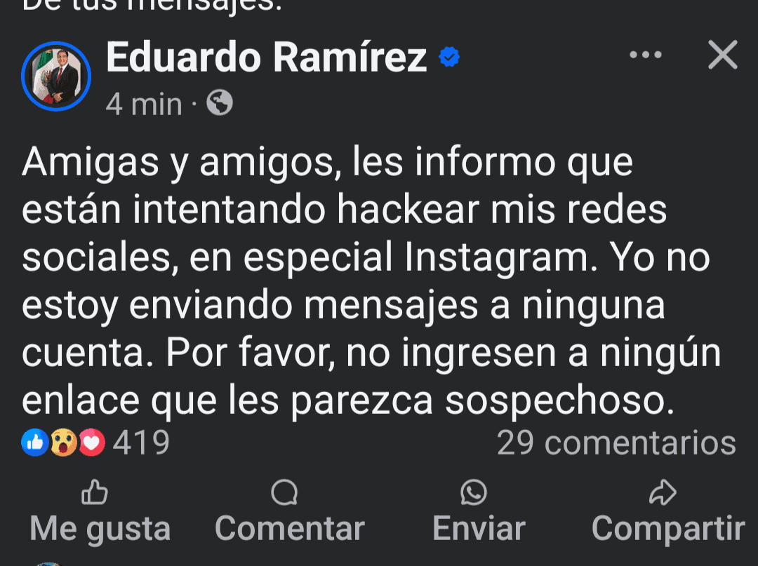 Eduardo Ramírez alerta sobre intento de hackeo