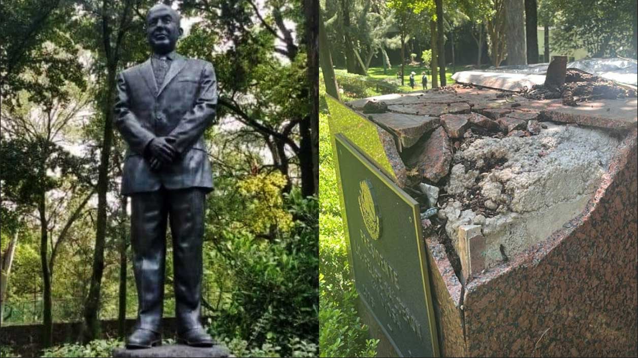 Árbol derriba estatua de Felipe Calderón
