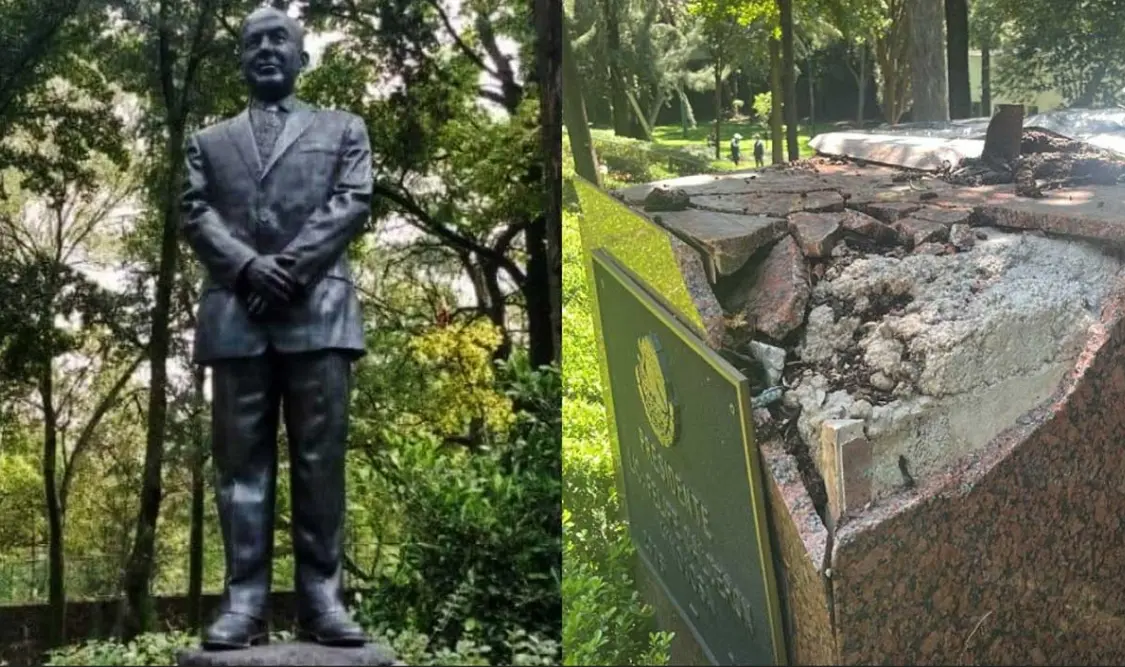 Árbol derriba estatua de Felipe Calderón