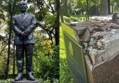 Árbol derriba estatua de Felipe Calderón