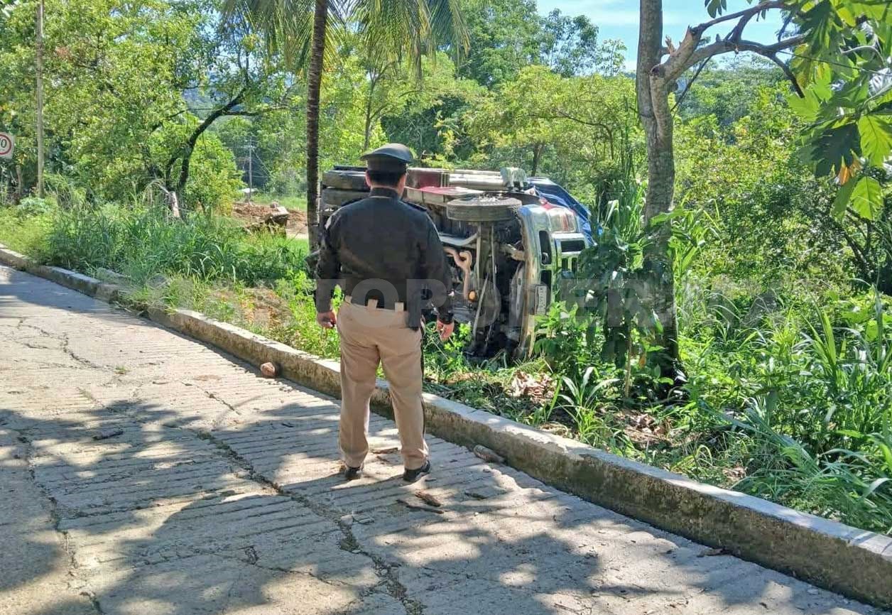 Le gana el peso de la carga y vuelca en la maleza