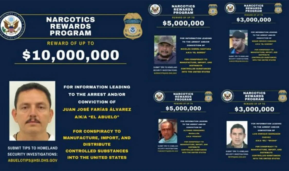 El gobierno estadounidense anunció una recompensa de 26 mdd por información de cinco narcotraficantes, miembros de Cárteles Unidos y Los Viagras. Cortesía
