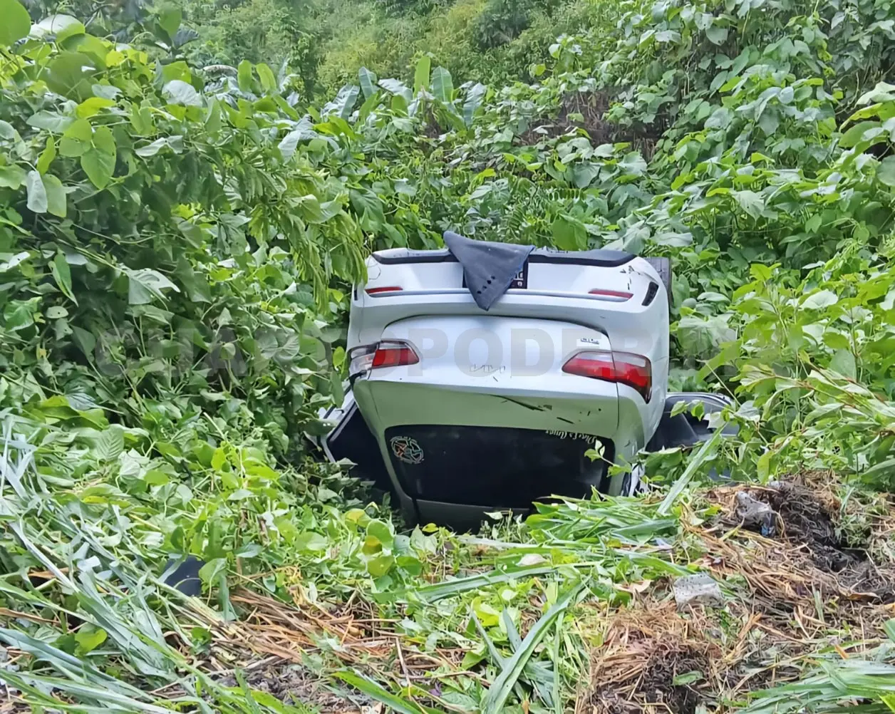 El automóvil volcó entre la maleza en el tramo de curvas de la carretera Palenque-Ocosingo. Genaro Sánchez / CP