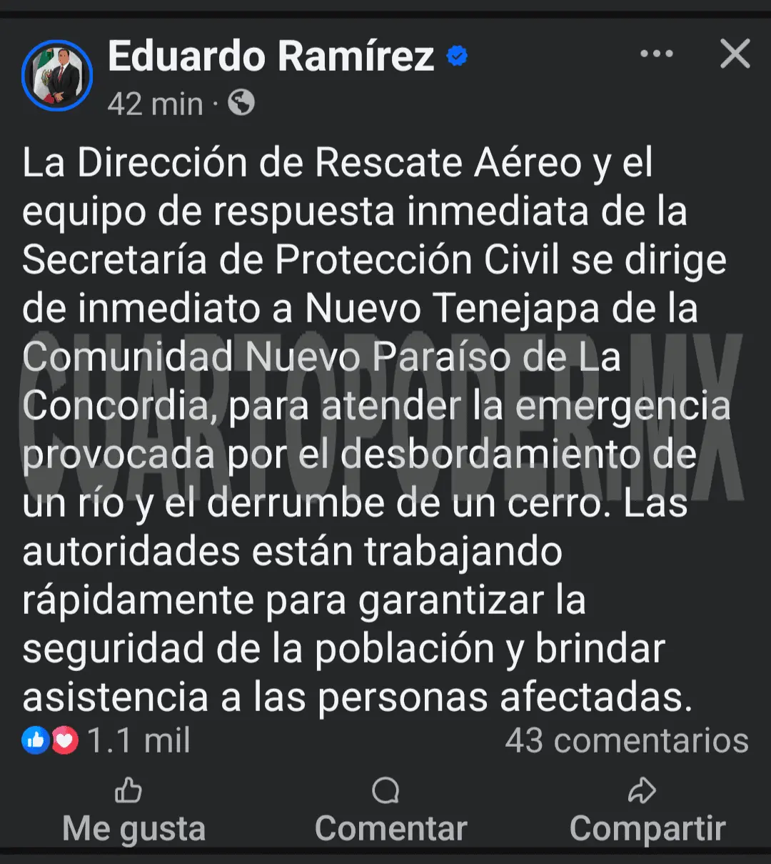 Informa Eduardo Ramírez desbordamiento de río y derrumbe de cerro en La Concordia