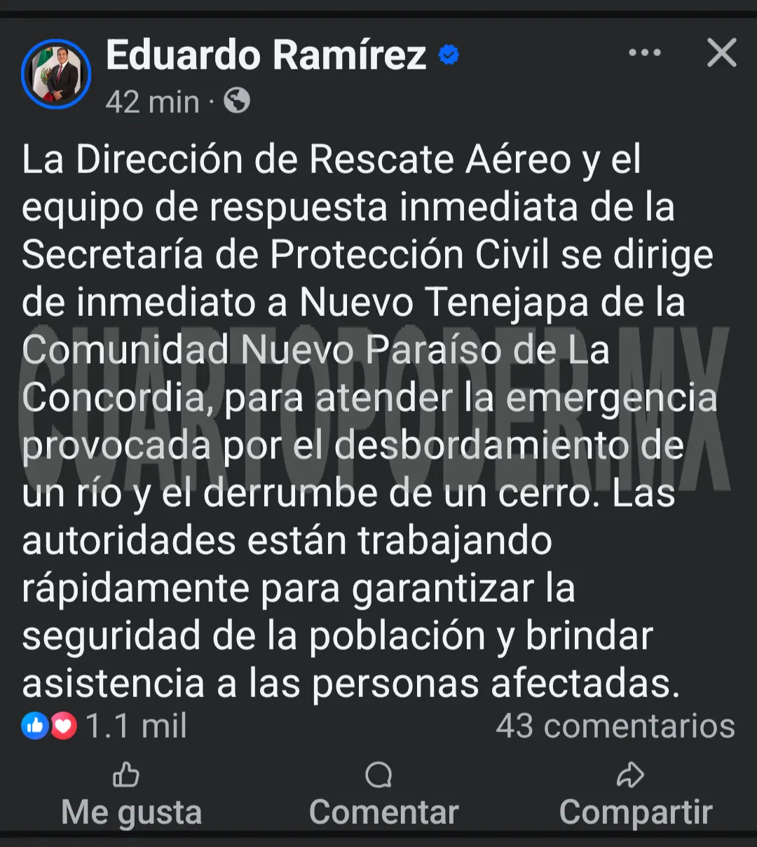 Informa Eduardo Ramírez desbordamiento de río y derrumbe de cerro en La Concordia