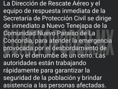 Informa Eduardo Ramírez desbordamiento de río y derrumbe de cerro en La Concordia