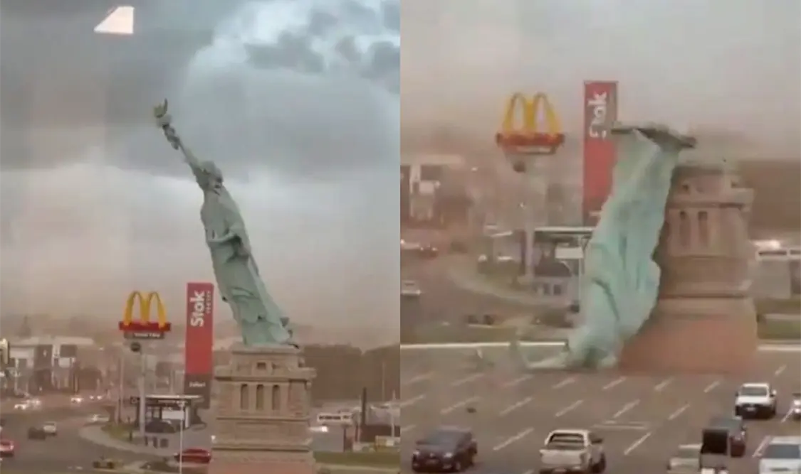Viento derriba réplica de la Estatua de la Libertad