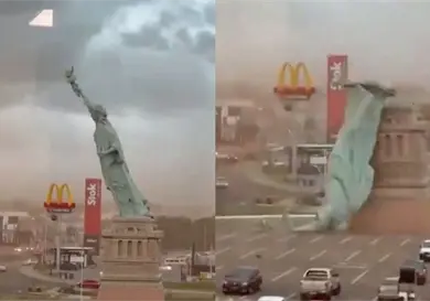 Viento derriba r&eacute;plica de la Estatua de la Libertad