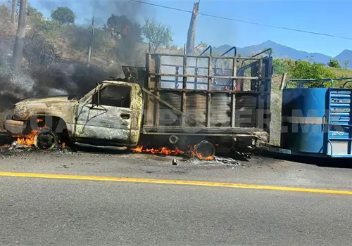 Arde en llamas cami&oacute;n ganadero por cortocircuito