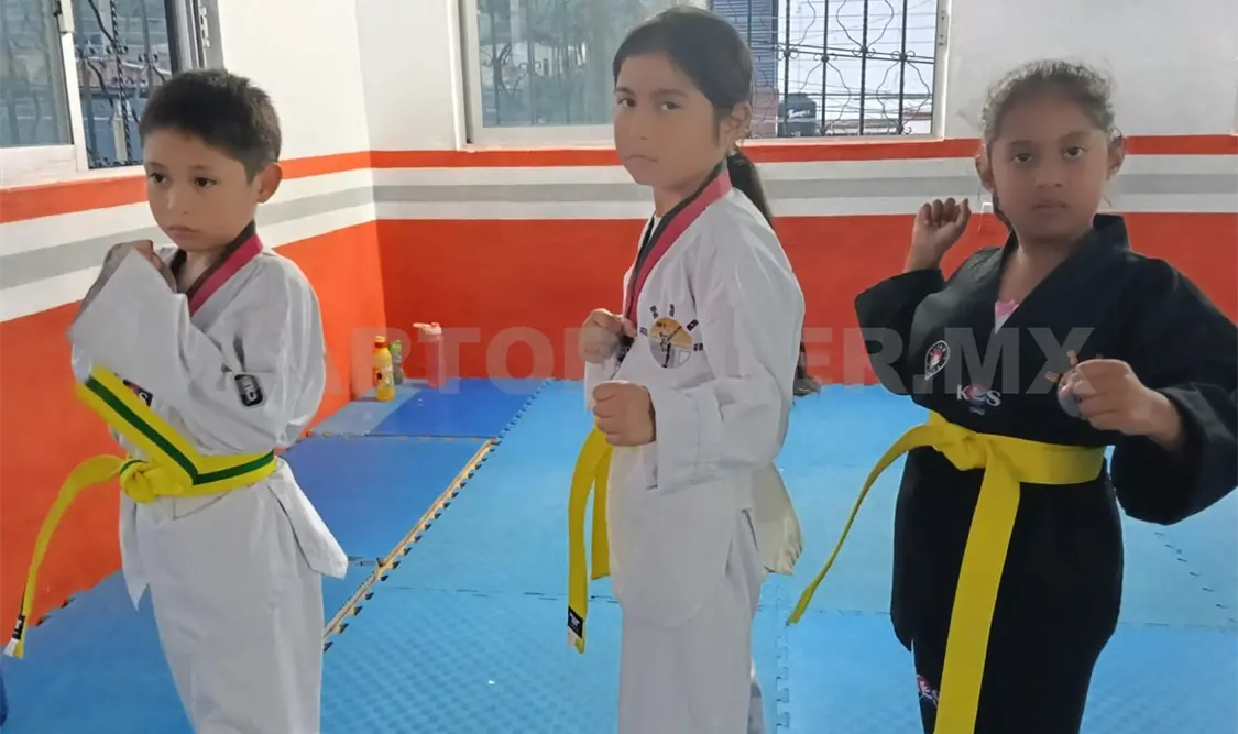 Alumnos de Tae Kwon Do Oriente Internacional Arriaga durante una sesión de entrenamiento, como parte del proceso formativo. Cortesía