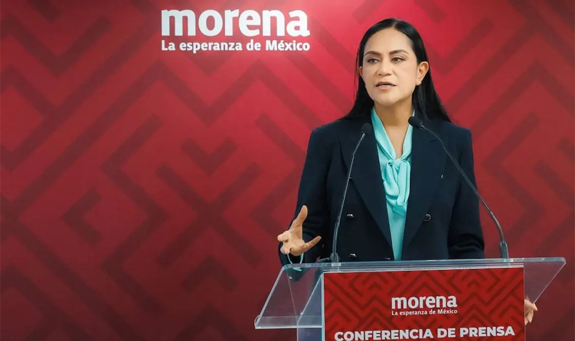 La presidenta nacional de Morena, Ariadna Montiel Reyes, en conferencia de prensa. Cortesía