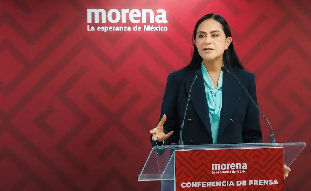 La presidenta nacional de Morena, Ariadna Montiel Reyes, en conferencia de prensa. Cortesía