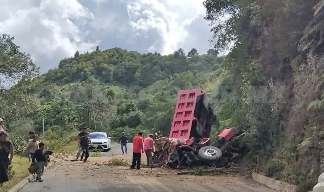 El camión quedó recostado, con severas afectaciones en la cabina. Cortesía