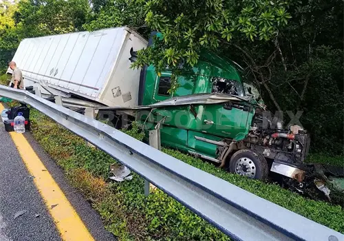 Tr&aacute;iler acaba entre la maleza tras chocar